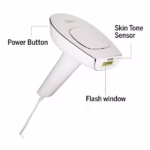 Silk'n Flash & Go Pro IPL hair removal device parts: power button, skin tone sensor, flash window