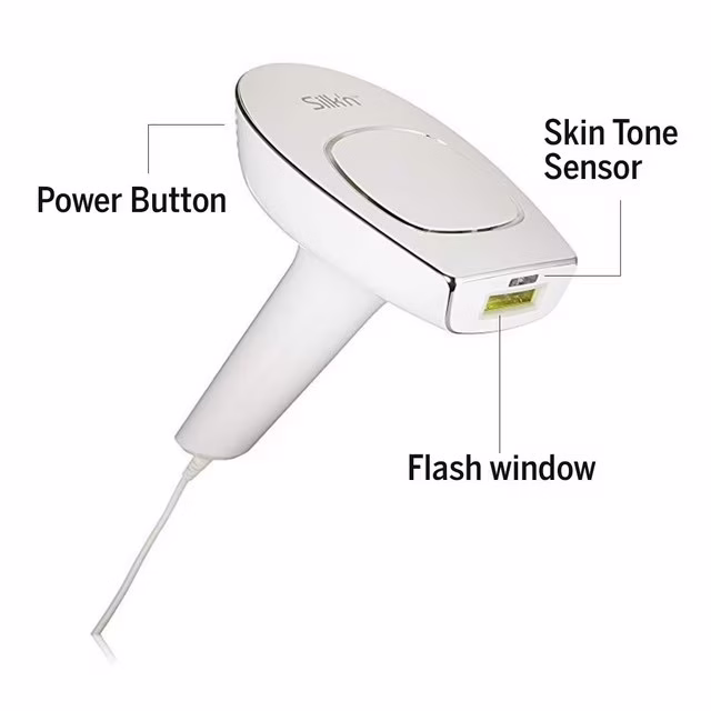 Silk'n Flash & Go Pro IPL hair removal device parts: power button, skin tone sensor, flash window
