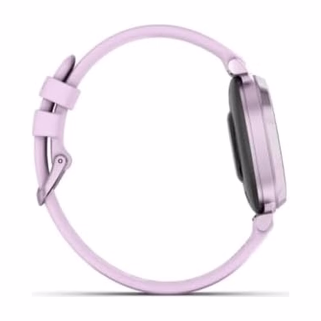 Garmin Lily 2 Sport Lilac smartwatch side profile showing the slim 35 mm case