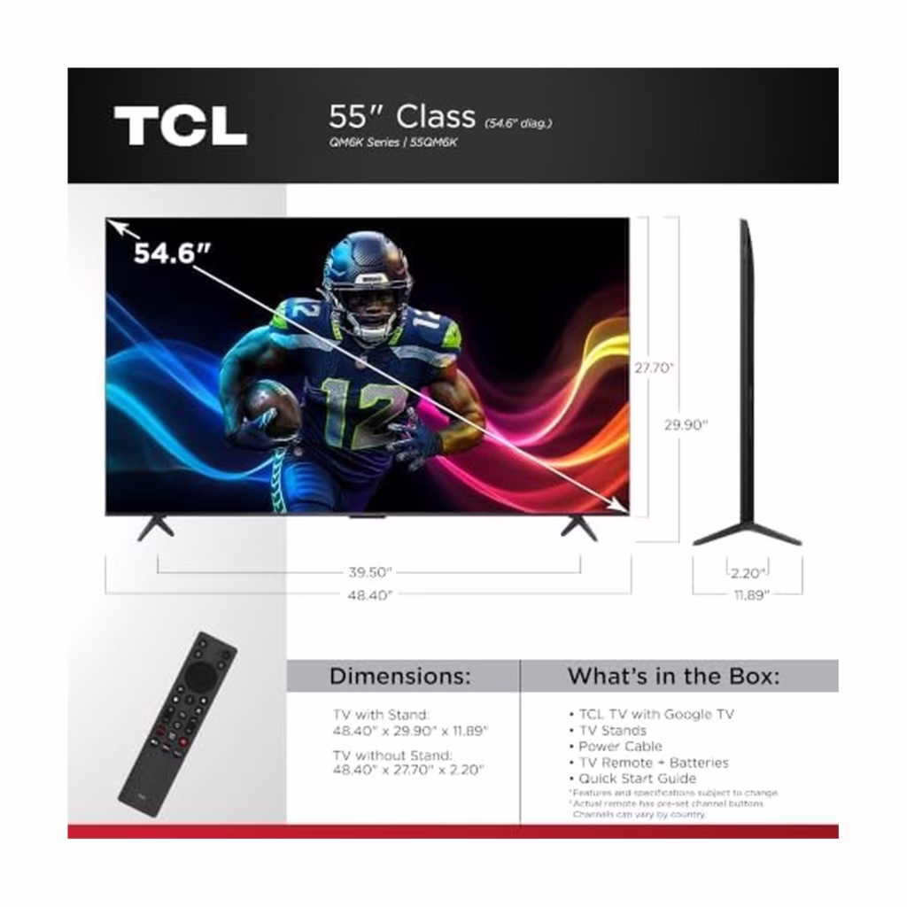 TCL 55QM67K-C 55-inch TV dimensions and what is in the box