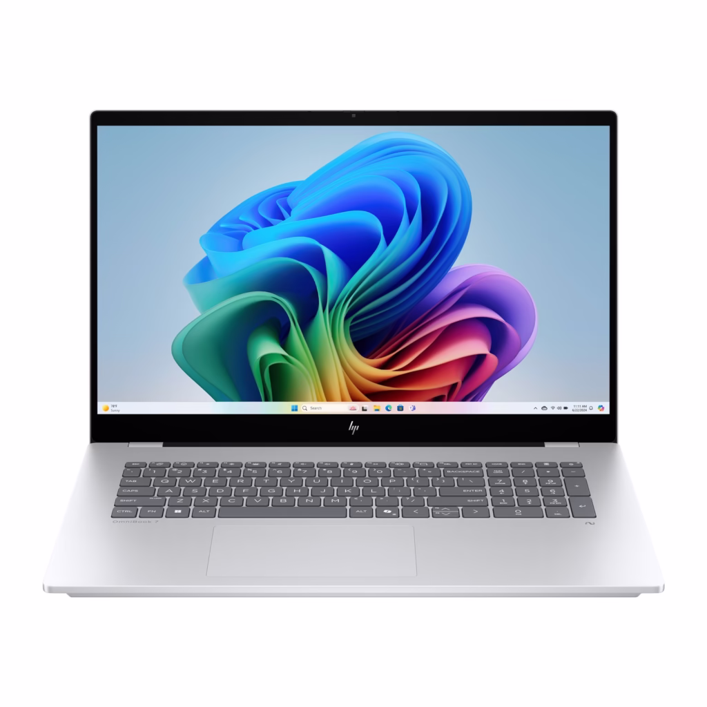 HP OmniBook 7 17.3-inch RTX 4050 laptop in Glacier Silver, front view with FHD touchscreen and backlit keyboard
