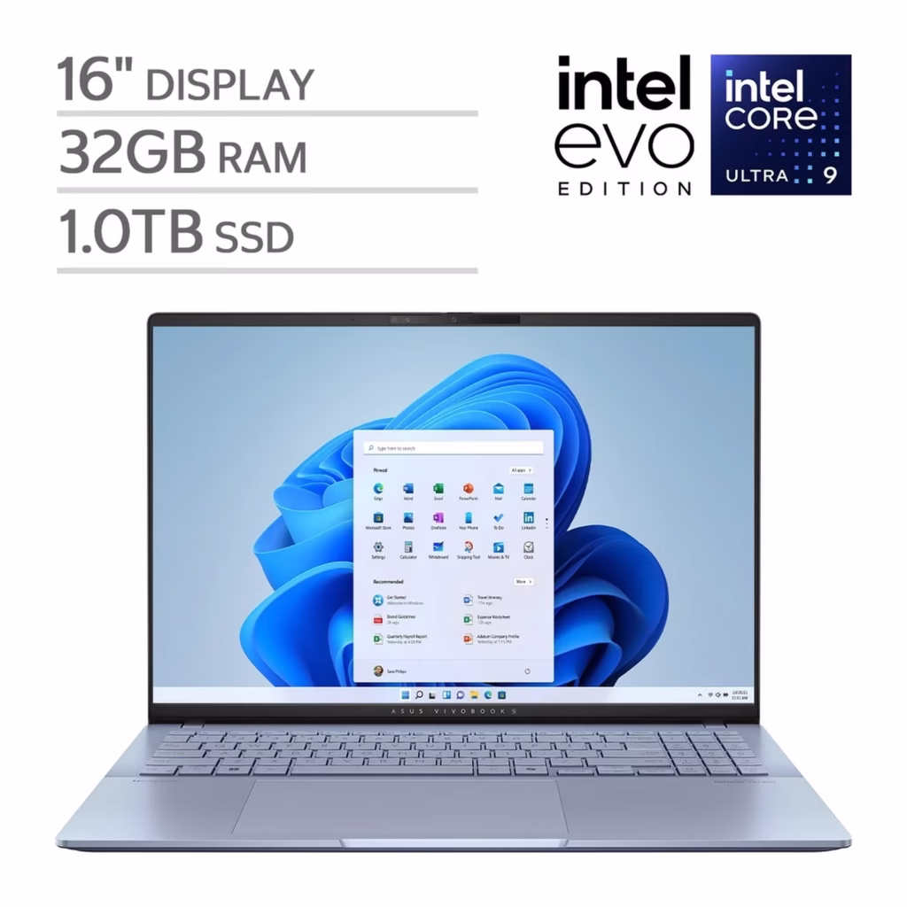 ASUS Vivobook S16 16-inch OLED laptop in Mist Blue, front view with Intel Core Ultra 9, 32GB RAM and 1TB SSD callouts