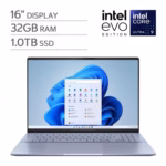 ASUS Vivobook S16 16-inch OLED laptop in Mist Blue, front view with Intel Core Ultra 9, 32GB RAM and 1TB SSD callouts