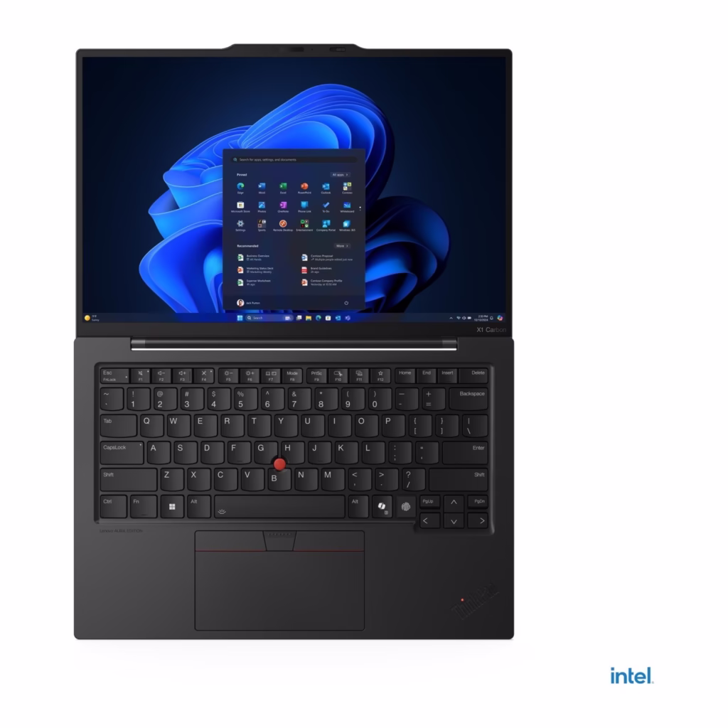 ThinkPad X1 Carbon Gen 13 Aura Edition top-down view of full keyboard, haptic touchpad and Lenovo Aura Edition palm rest