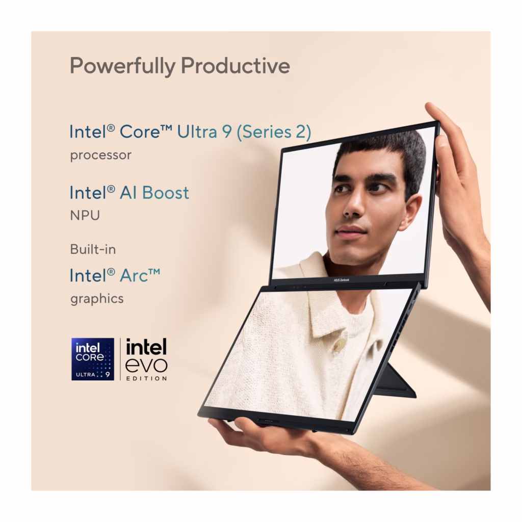 Zenbook DUO 14 dual OLED displays on built-in kickstand powered by Intel Core Ultra 9 Series 2 with Intel Arc graphics