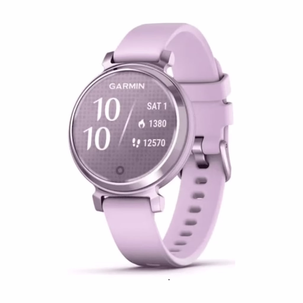 Garmin Lily 2 Sport smartwatch in Lilac, front three-quarter view with active watch face