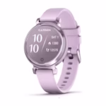 Garmin Lily 2 Sport smartwatch in Lilac, front three-quarter view with active watch face